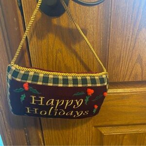 Holiday Happy Holidays velvet door knob hanger pillow gold color cord 11x6.5”